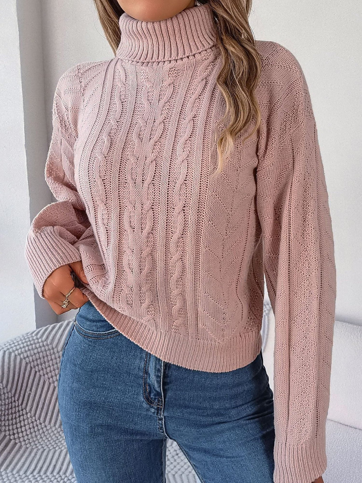 Cable Roll Neck Puff Sleeve Jumper