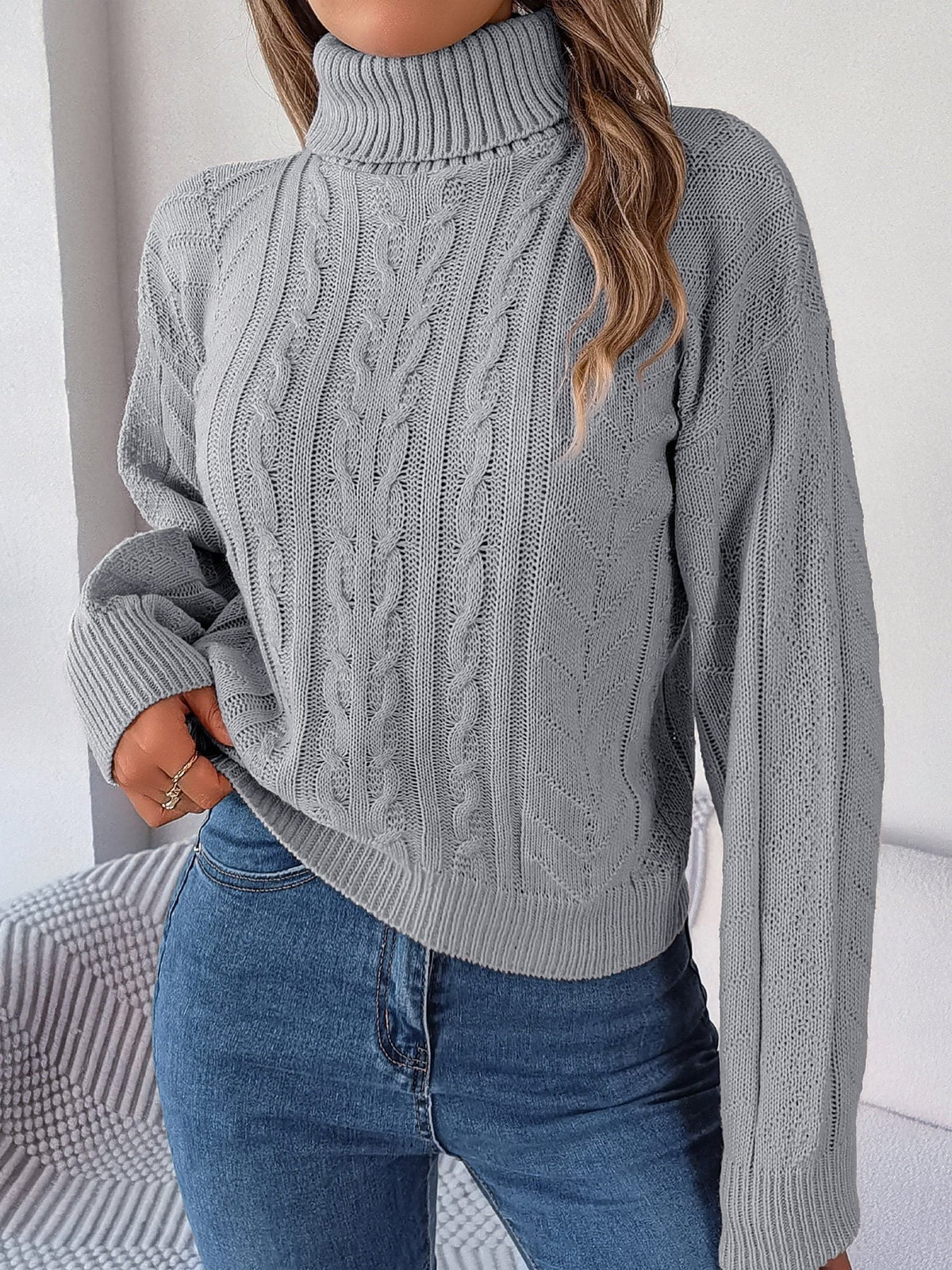 Cable Roll Neck Puff Sleeve Jumper