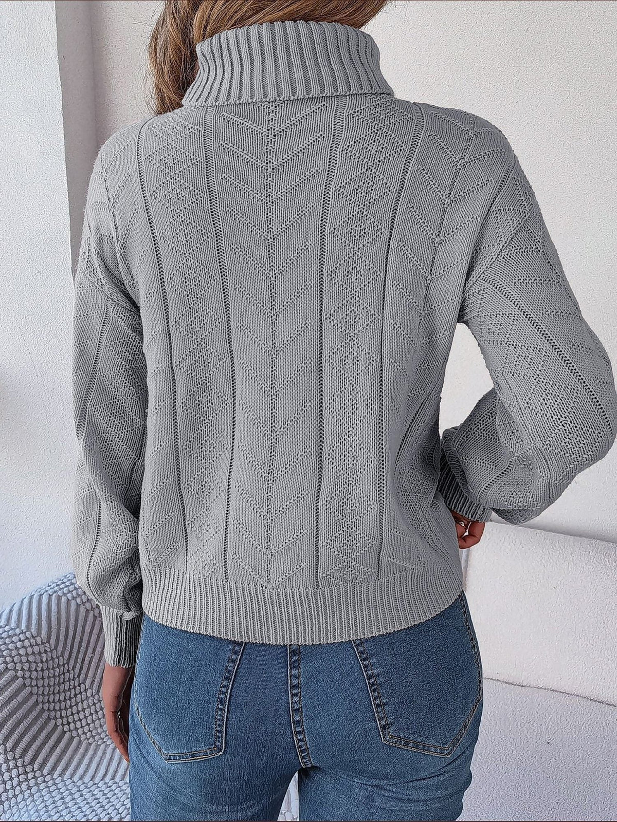 Cable Roll Neck Puff Sleeve Jumper