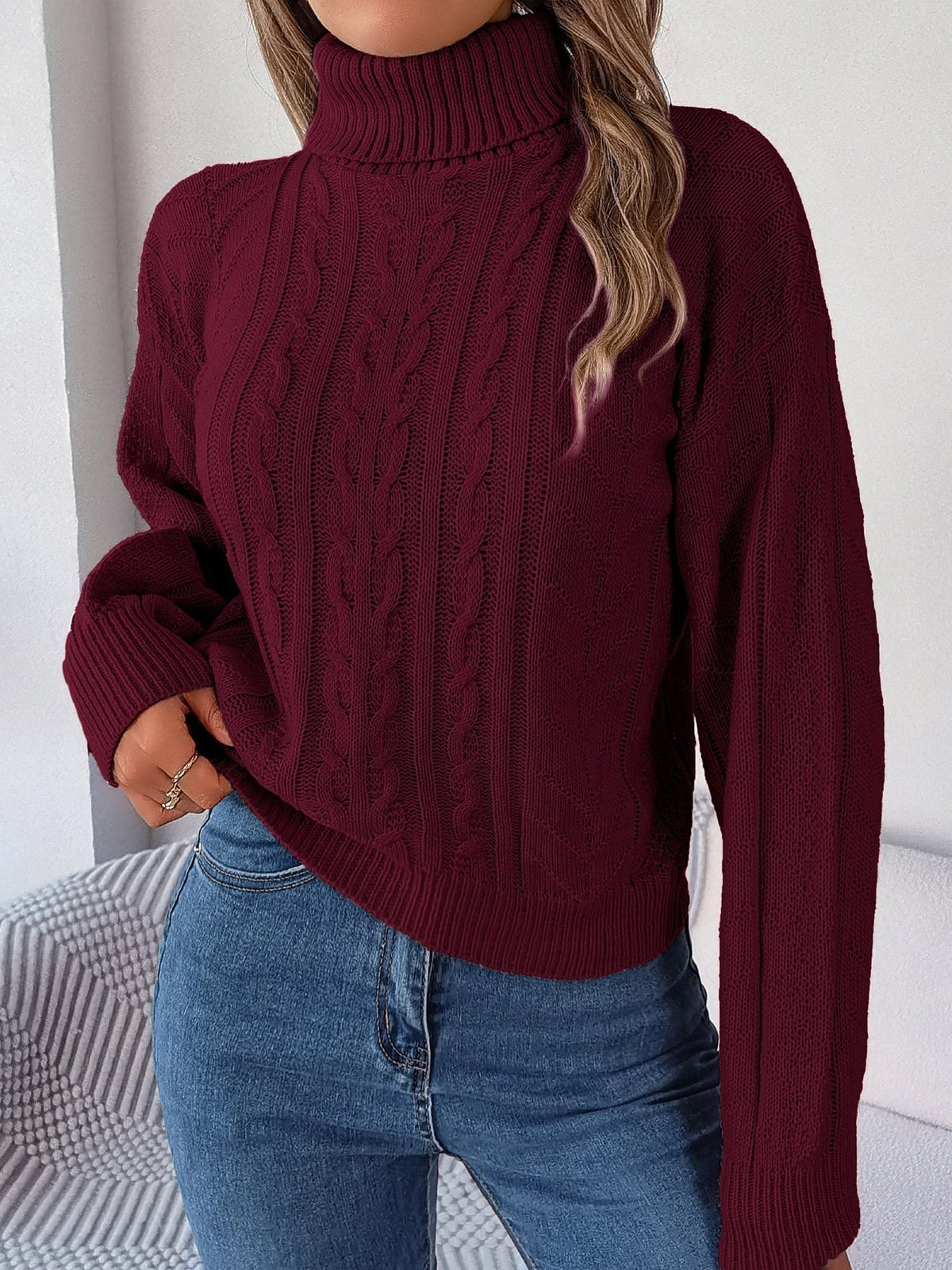 Cable Roll Neck Puff Sleeve Jumper