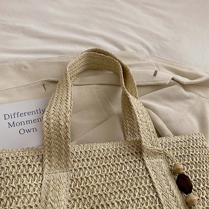 Tote Bag Straw with Zip Closure and Two Large Handles
