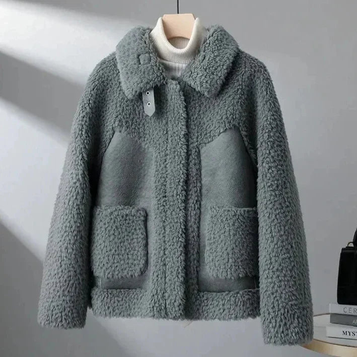 Fleece Jacket Faux Shearling with Structured Collar and Patch Pockets