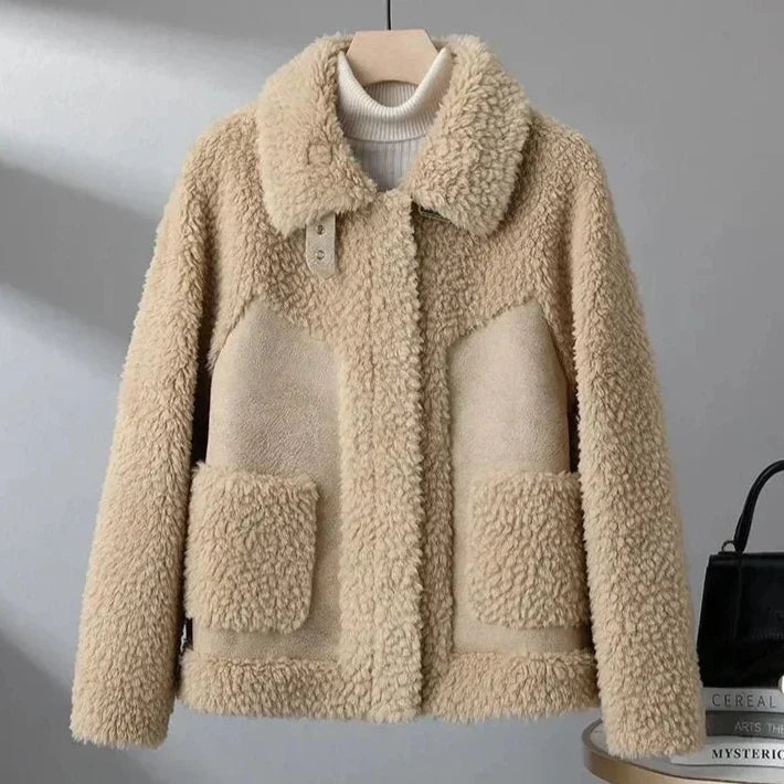 Fleece Jacket Faux Shearling with Structured Collar and Patch Pockets