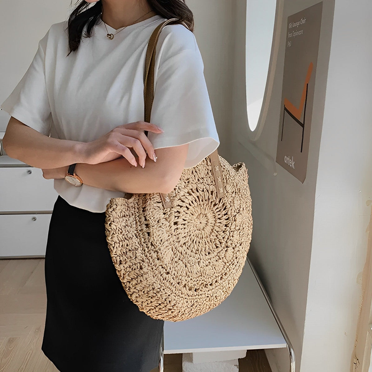 Tote Bag Straw with Faux Leather Finishes and Zip Closure