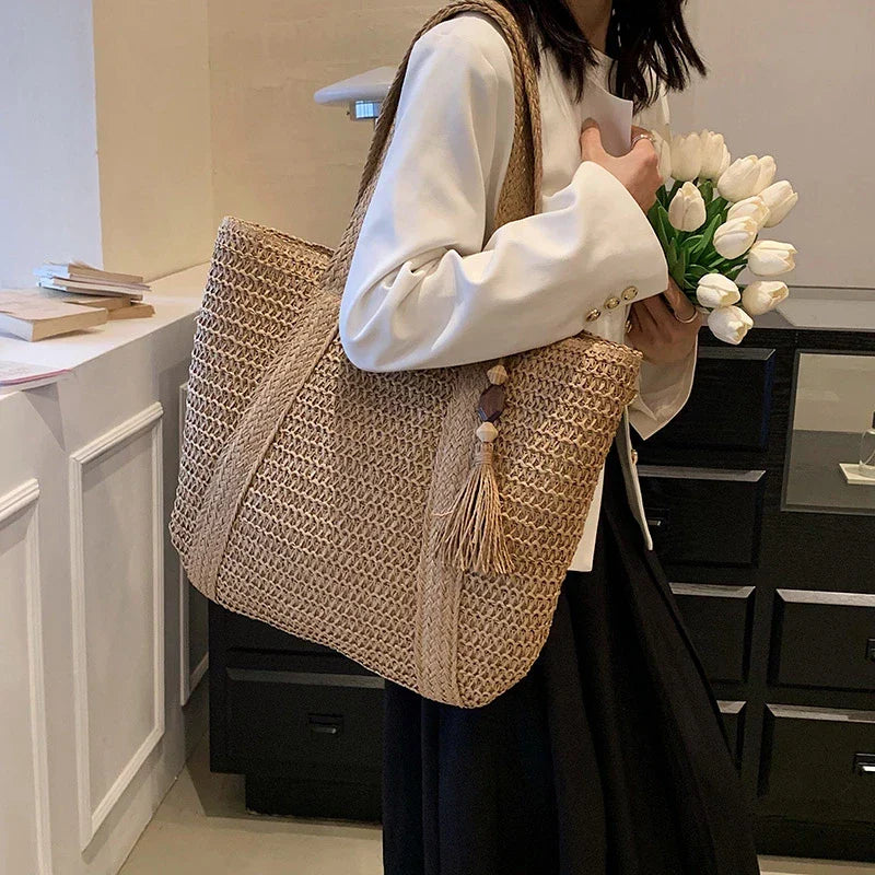 Tote Bag Straw with Zip Closure and Two Large Handles