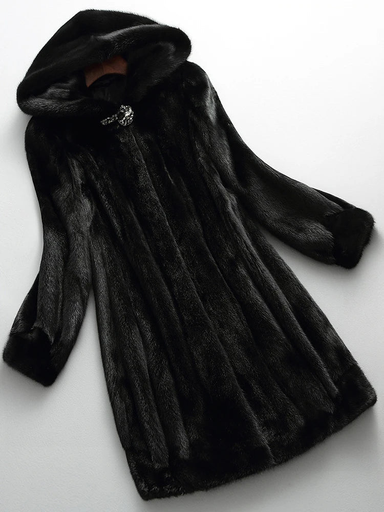 Coat Faux Fur Long with Faux Fur-Lined Hood and Covered Buttons