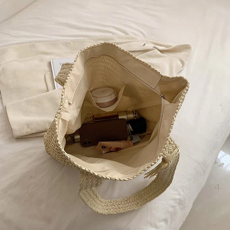 Tote Bag Straw with Zip Closure and Two Large Handles