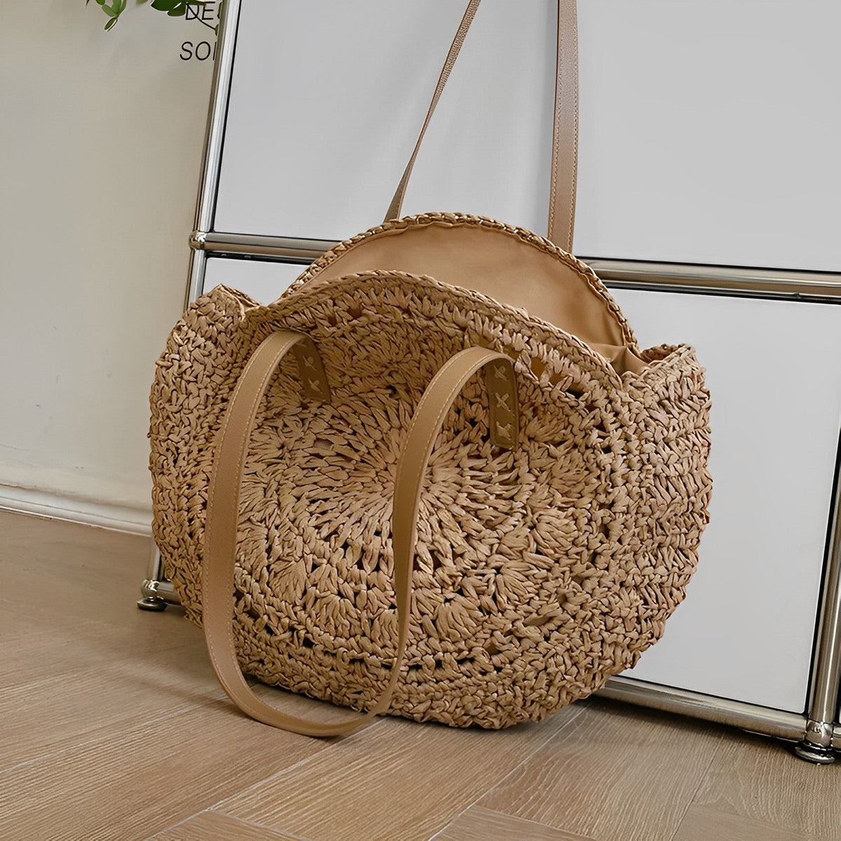Tote Bag Straw with Faux Leather Finishes and Zip Closure