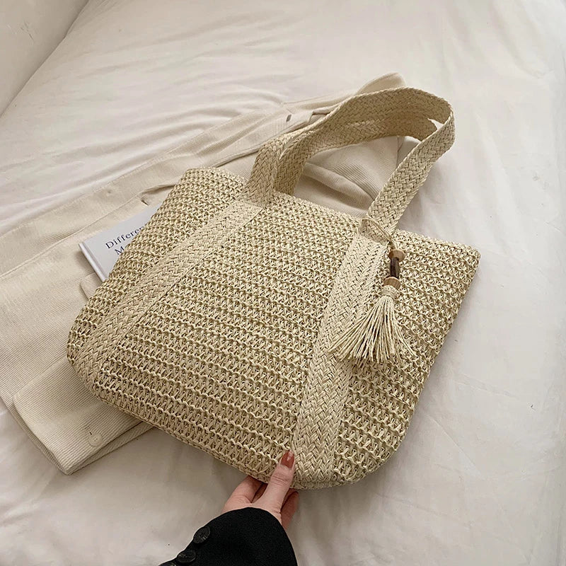 Tote Bag Straw with Zip Closure and Two Large Handles