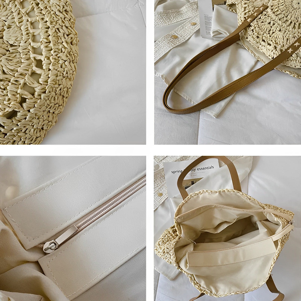 Tote Bag Straw with Faux Leather Finishes and Zip Closure