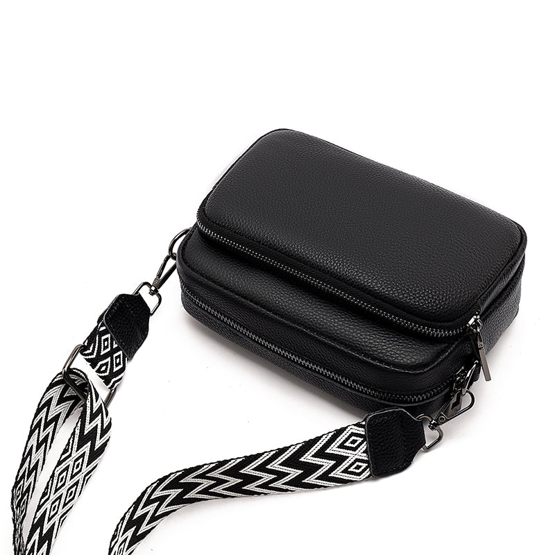 Crossbody Bag Faux Leather with Embroidered Strap and Zip Pockets