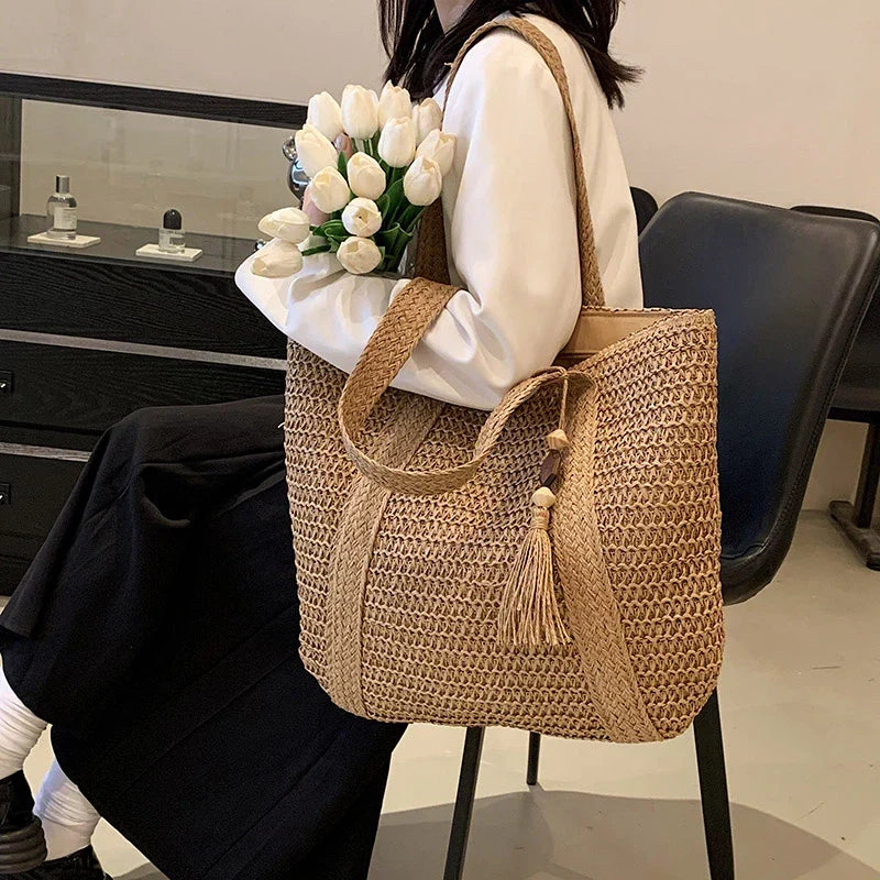 Tote Bag Straw with Zip Closure and Two Large Handles