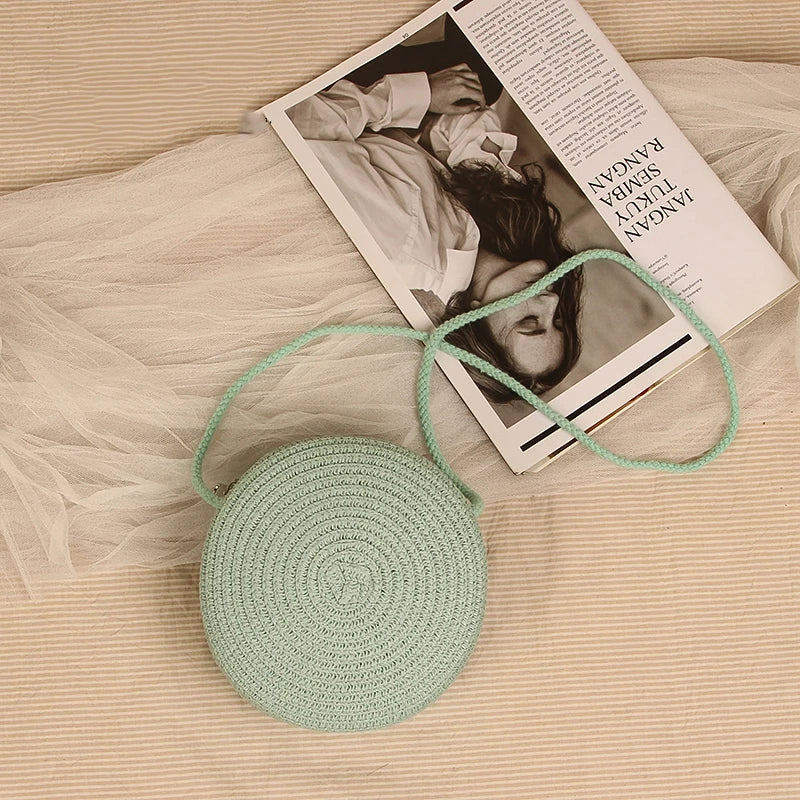 Round Straw Bag with Rope Shoulder Strap