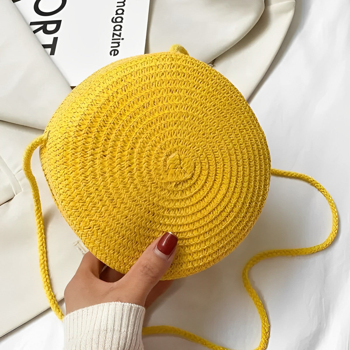 Round Straw Bag with Rope Shoulder Strap