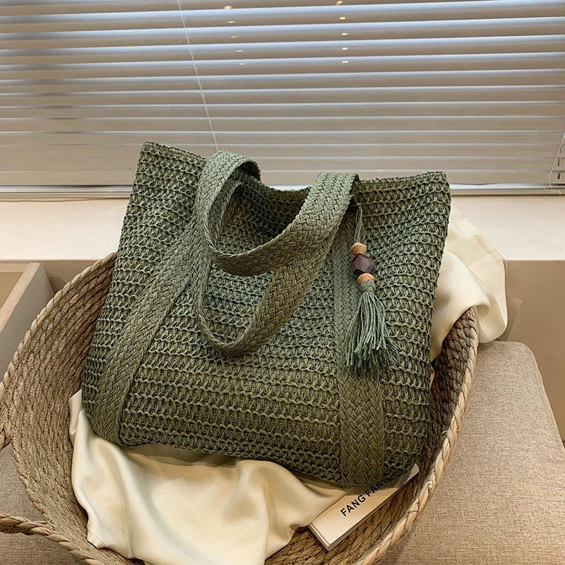 Tote Bag Straw with Zip Closure and Two Large Handles