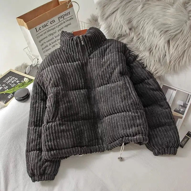 Puffer Jacket Corduroy Quilted Cropped Boxy with Elasticated Sleeves