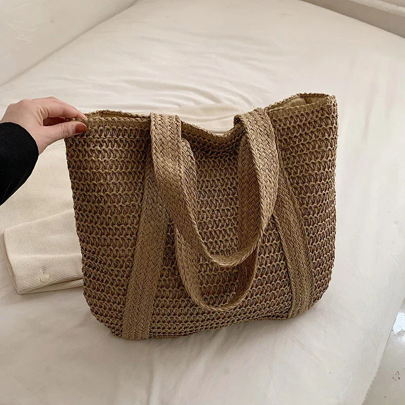 Tote Bag Straw with Zip Closure and Two Large Handles