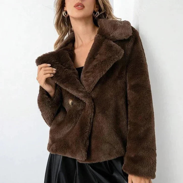Jacket Faux Fur Double-Breasted with Sharp Lapels and Straight Hem