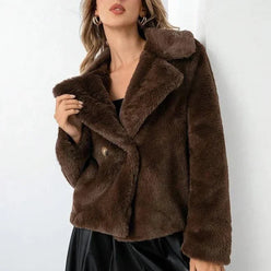 Jacket Faux Fur Double-Breasted with Sharp Lapels and Straight Hem