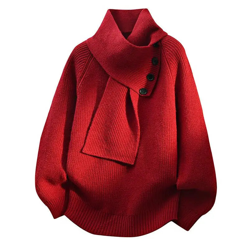 Ribbed Scarf-Neck Knit Jumper