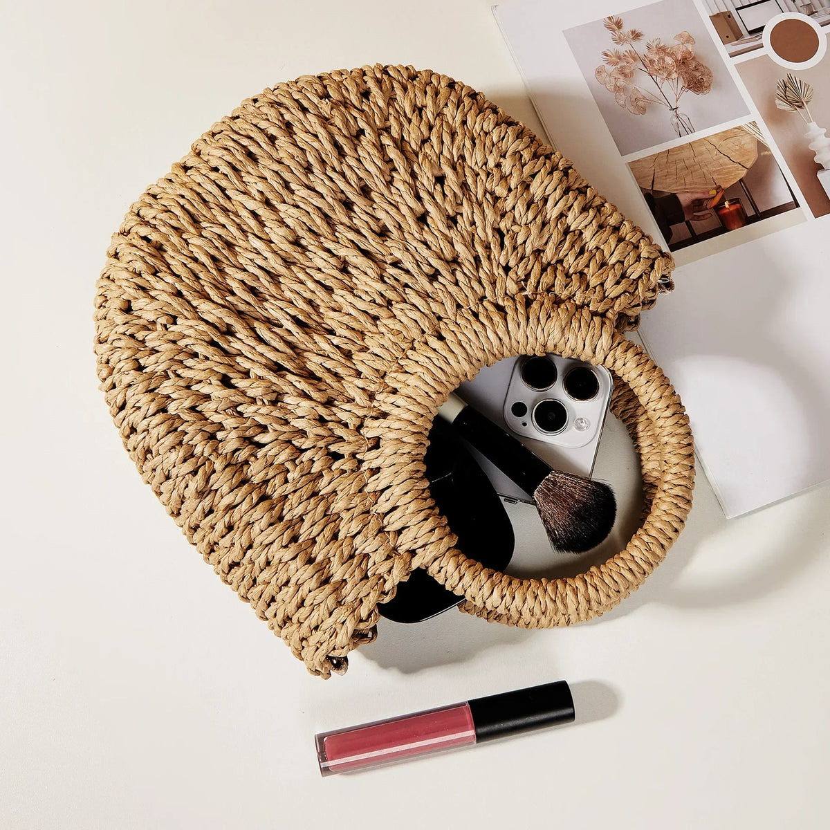 Straw Bag with Top Handles and Shoulder Strap