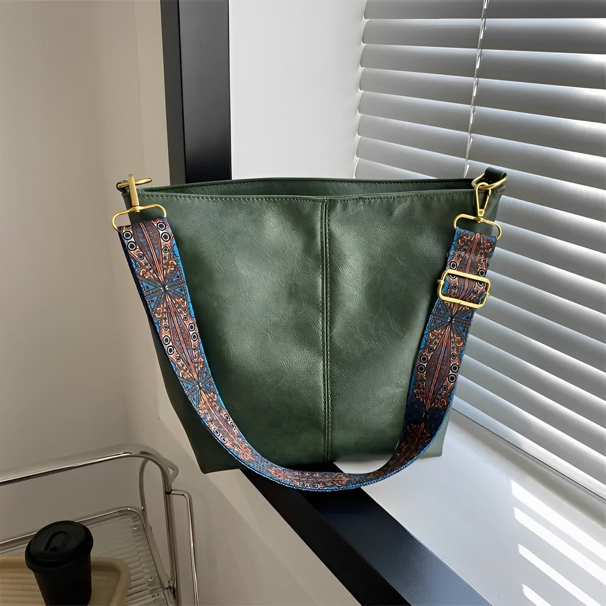 Crossbody Bag Faux Leather with Fabric Strap and Zip Pocket