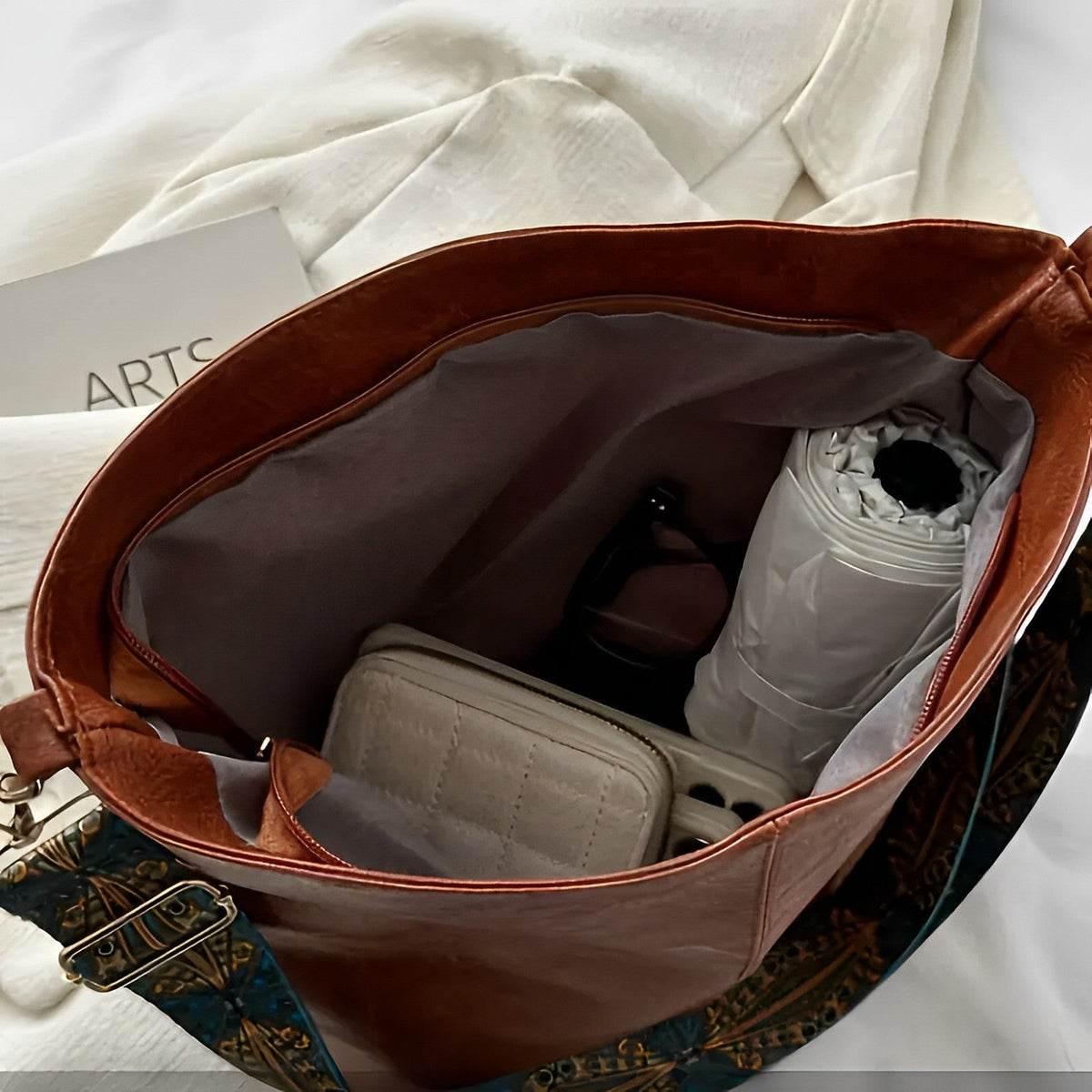 Crossbody Bag Faux Leather with Fabric Strap and Zip Pocket