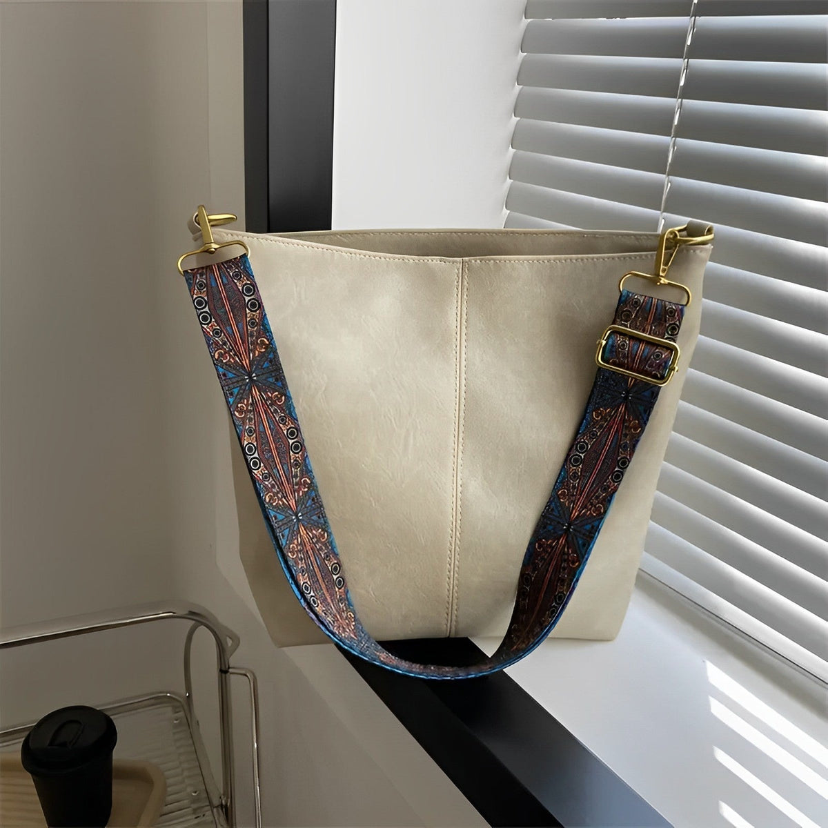 Crossbody Bag Faux Leather with Fabric Strap and Zip Pocket