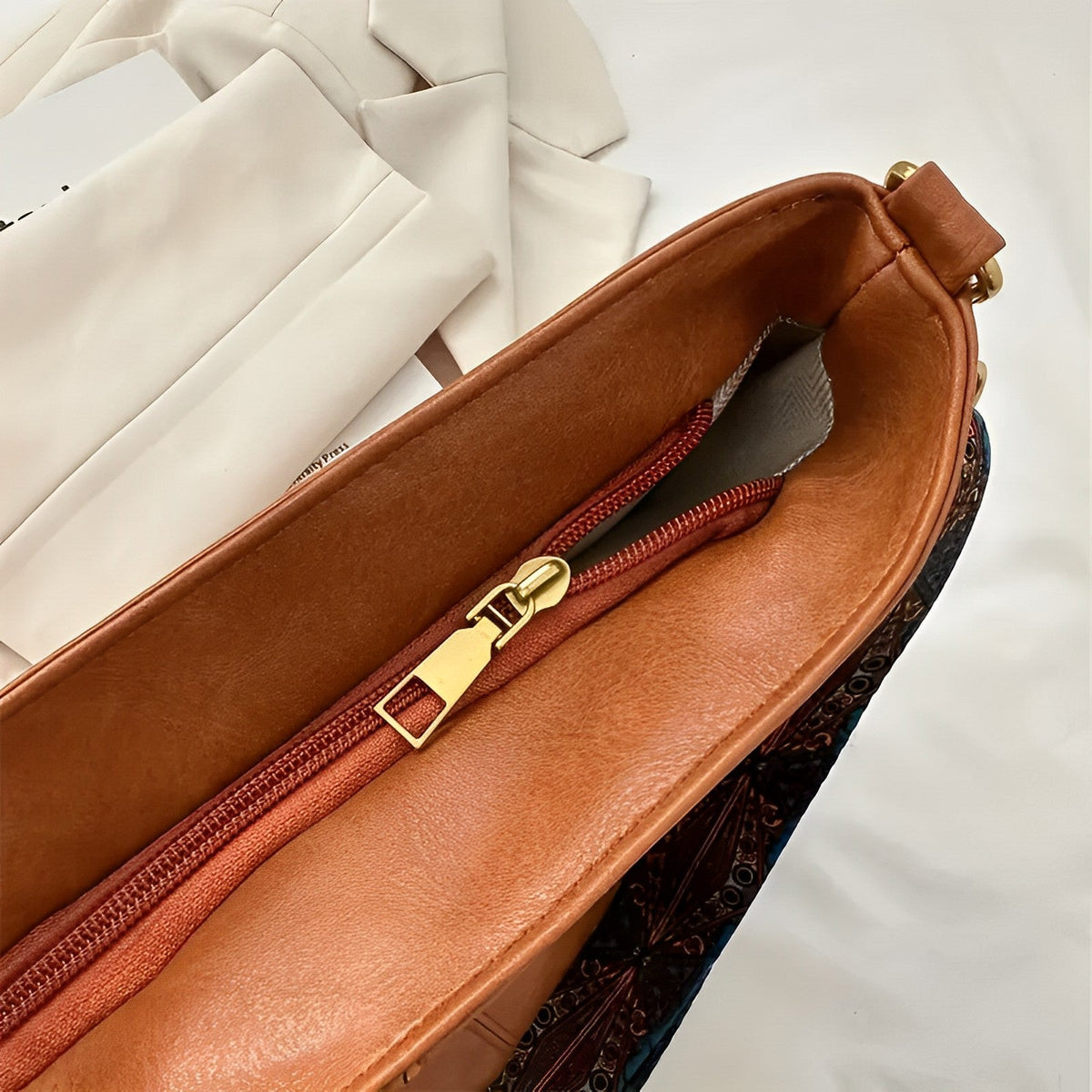 Crossbody Bag Faux Leather with Fabric Strap and Zip Pocket