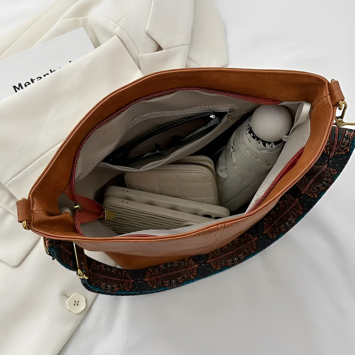 Crossbody Bag Faux Leather with Fabric Strap and Zip Pocket