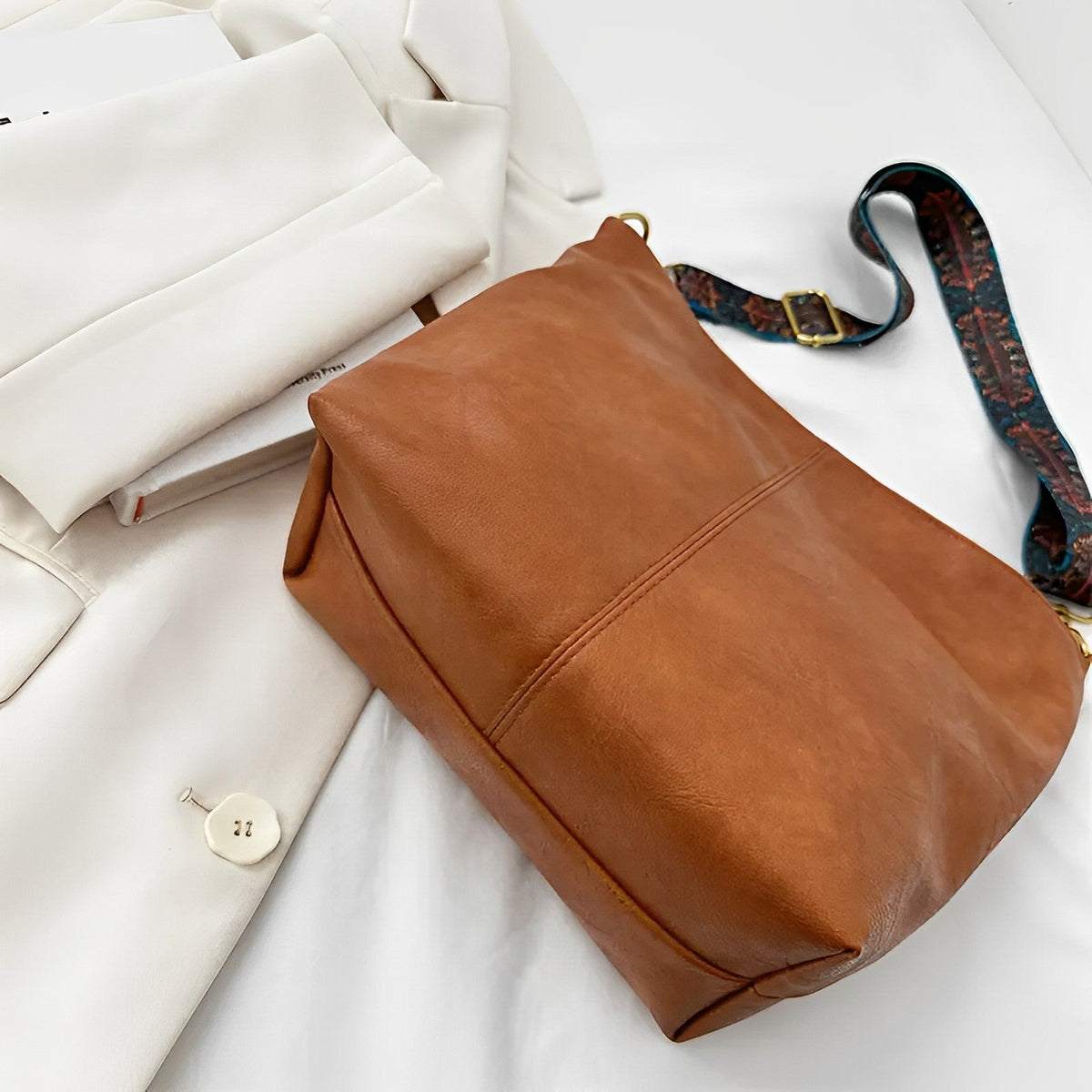 Crossbody Bag Faux Leather with Fabric Strap and Zip Pocket