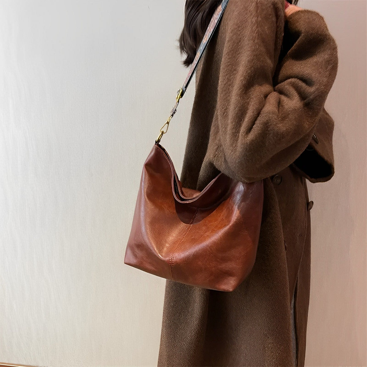 Crossbody Bag Faux Leather with Fabric Strap and Zip Pocket