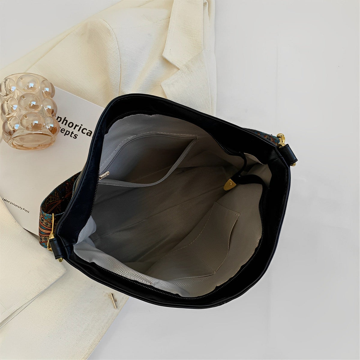 Crossbody Bag Faux Leather with Fabric Strap and Zip Pocket