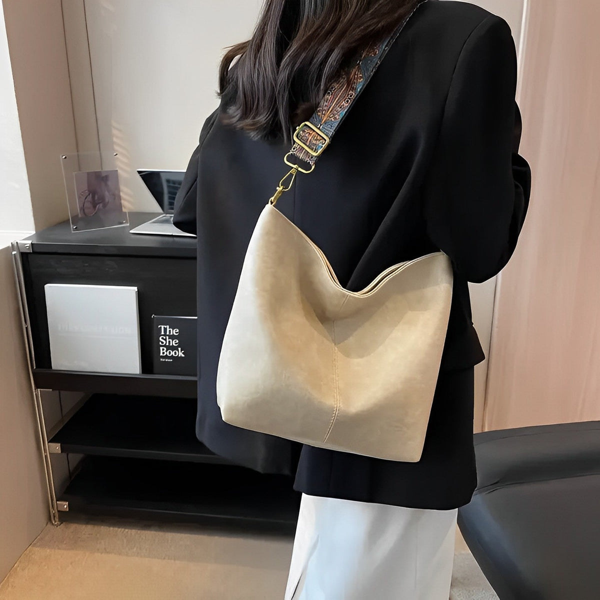 Crossbody Bag Faux Leather with Fabric Strap and Zip Pocket