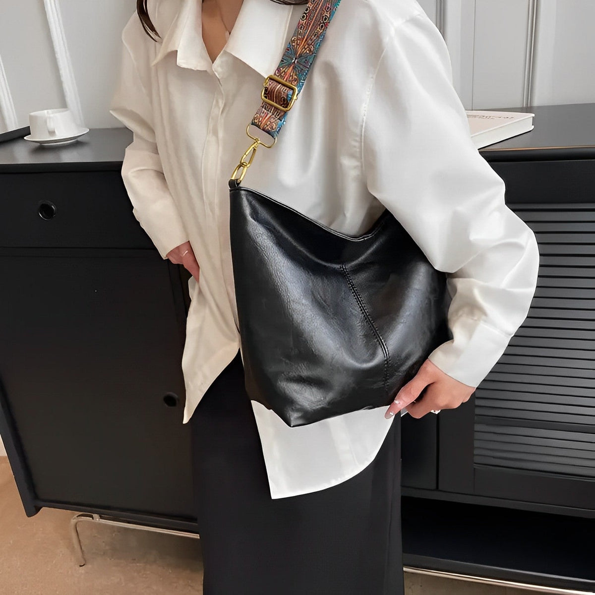Crossbody Bag Faux Leather with Fabric Strap and Zip Pocket