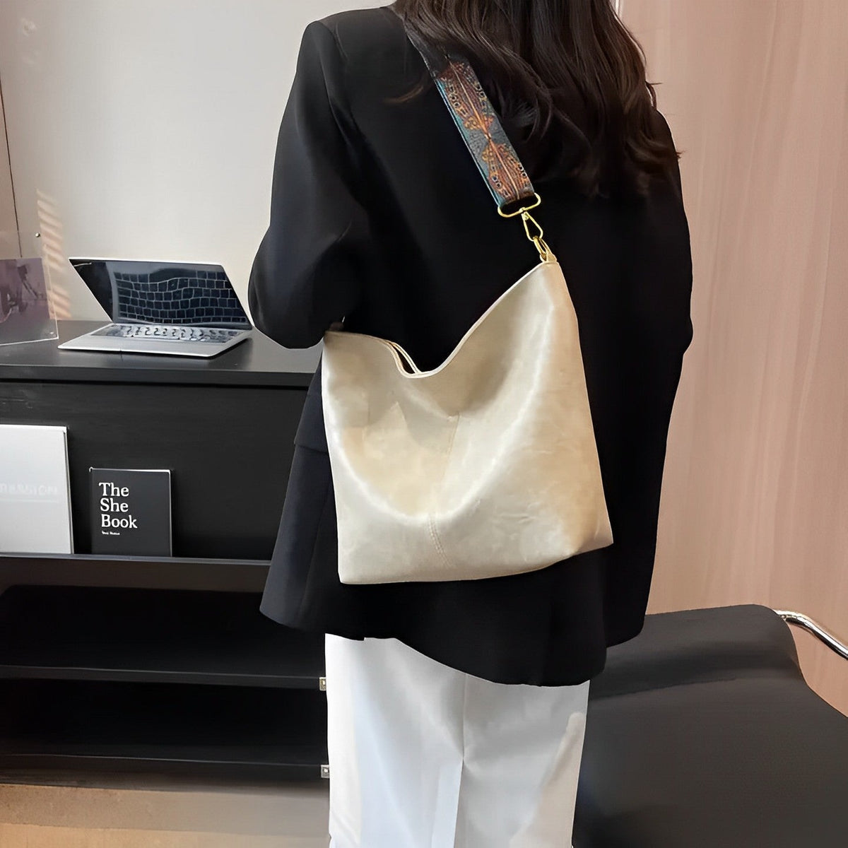 Crossbody Bag Faux Leather with Fabric Strap and Zip Pocket