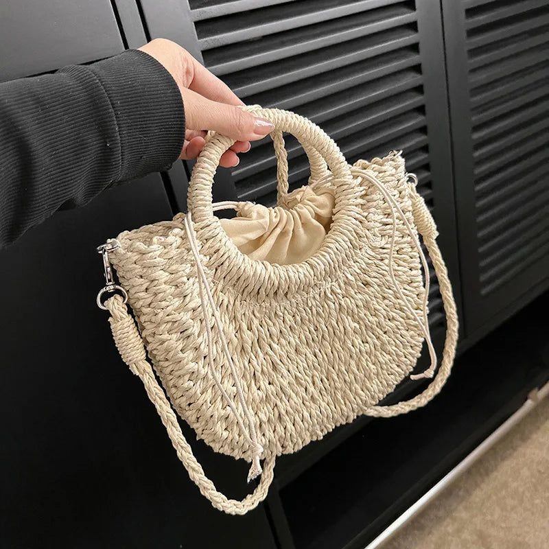 Straw Bag with Top Handles and Shoulder Strap
