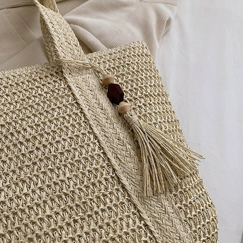 Tote Bag Straw with Zip Closure and Two Large Handles