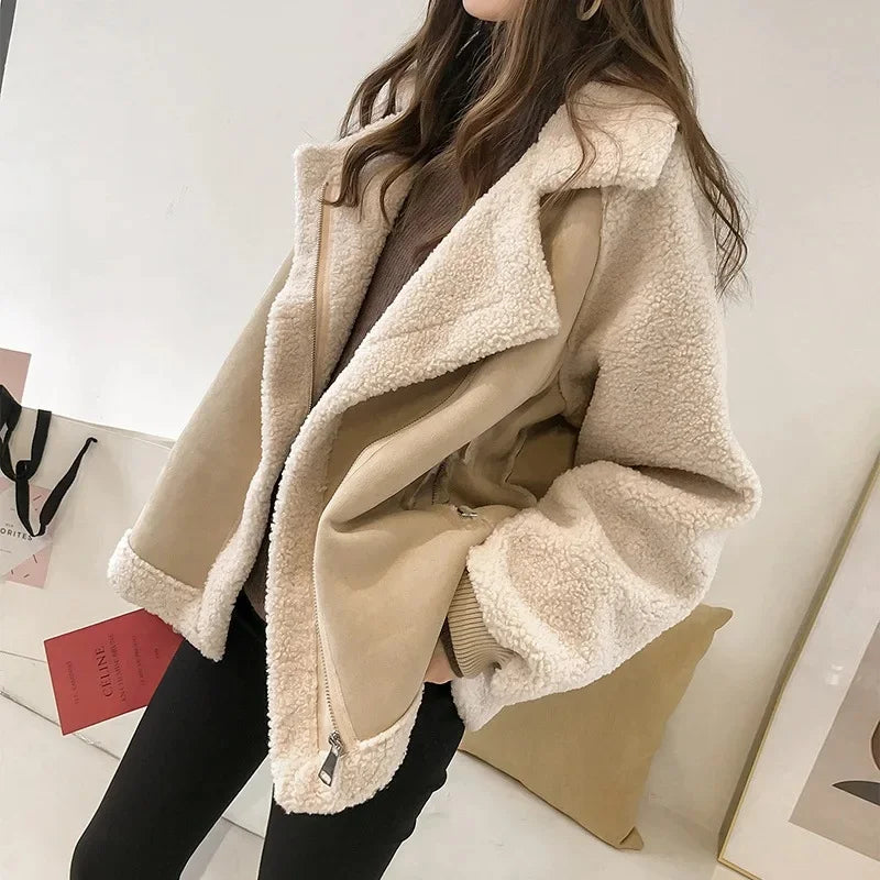 Jacket Faux Suede with Faux Shearling Lining, Minimalist Silhouette