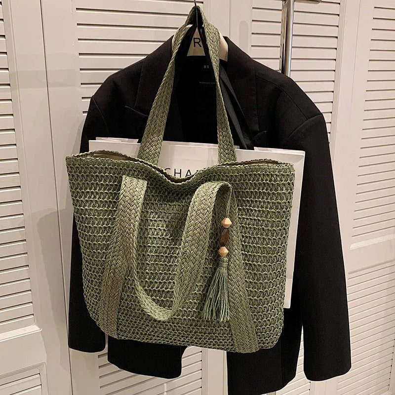 Tote Bag Straw with Zip Closure and Two Large Handles
