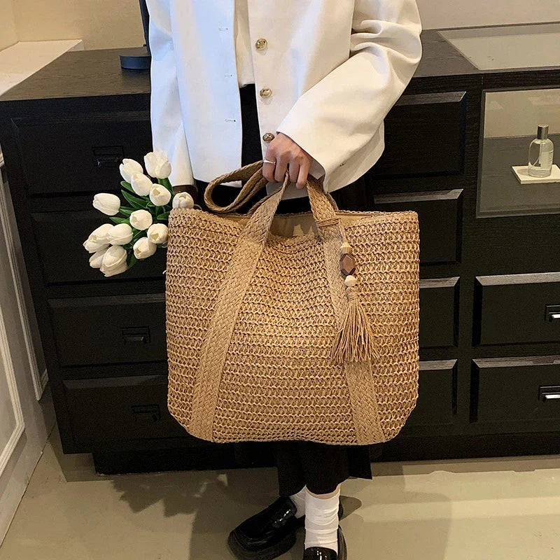 Tote Bag Straw with Zip Closure and Two Large Handles