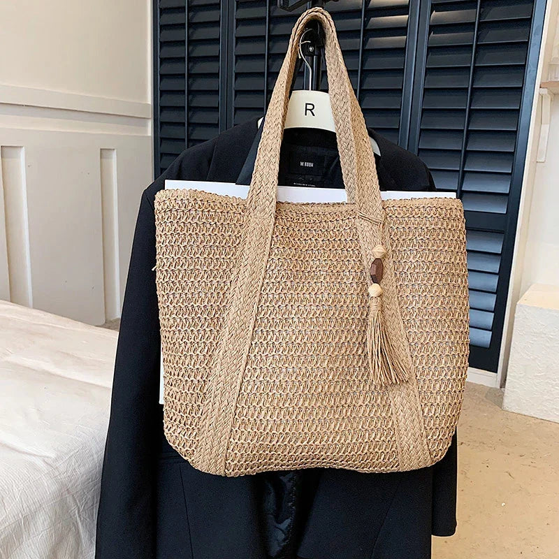 Tote Bag Straw with Zip Closure and Two Large Handles