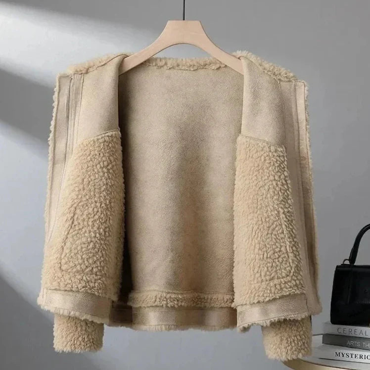 Fleece Jacket Faux Shearling with Structured Collar and Patch Pockets