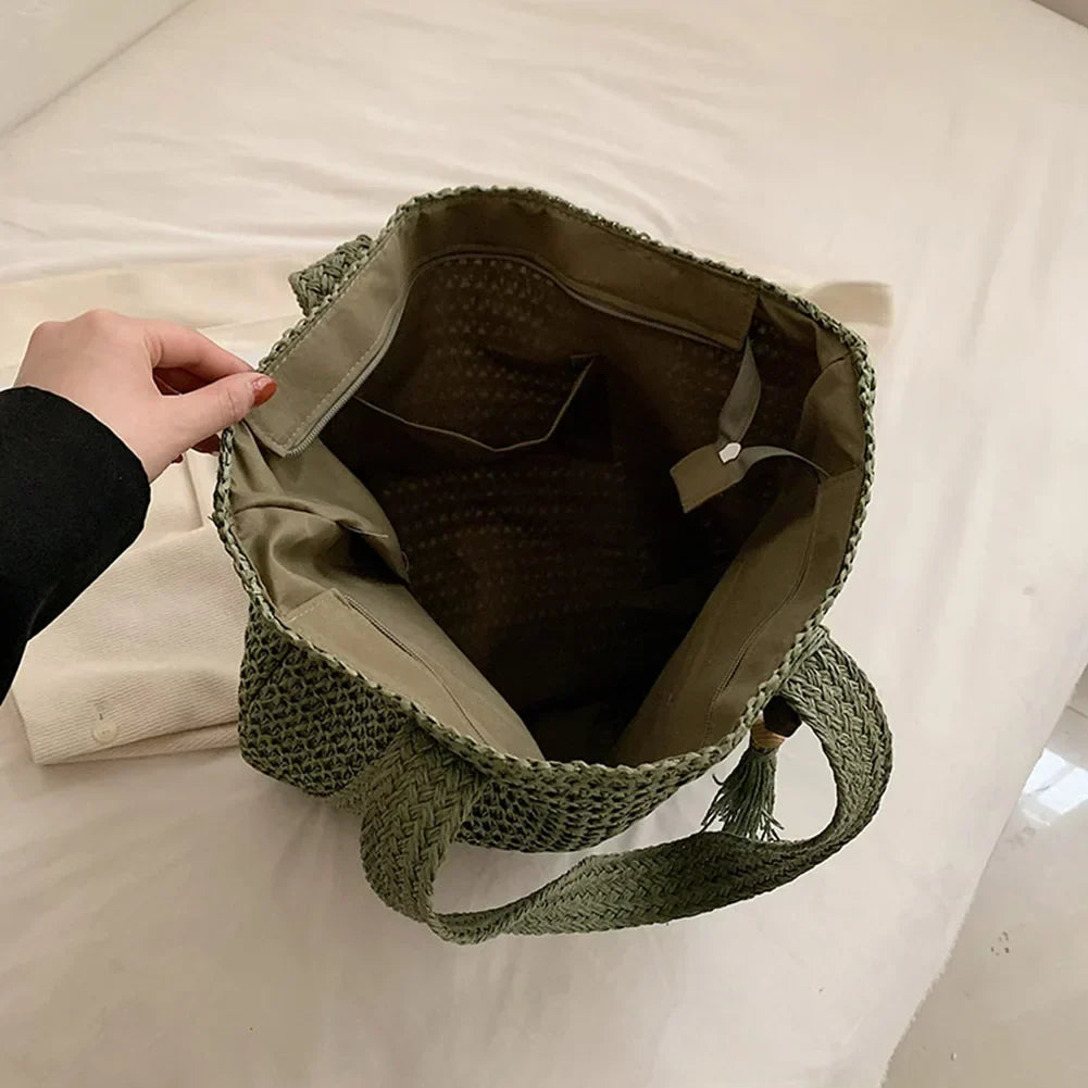 Tote Bag Straw with Zip Closure and Two Large Handles