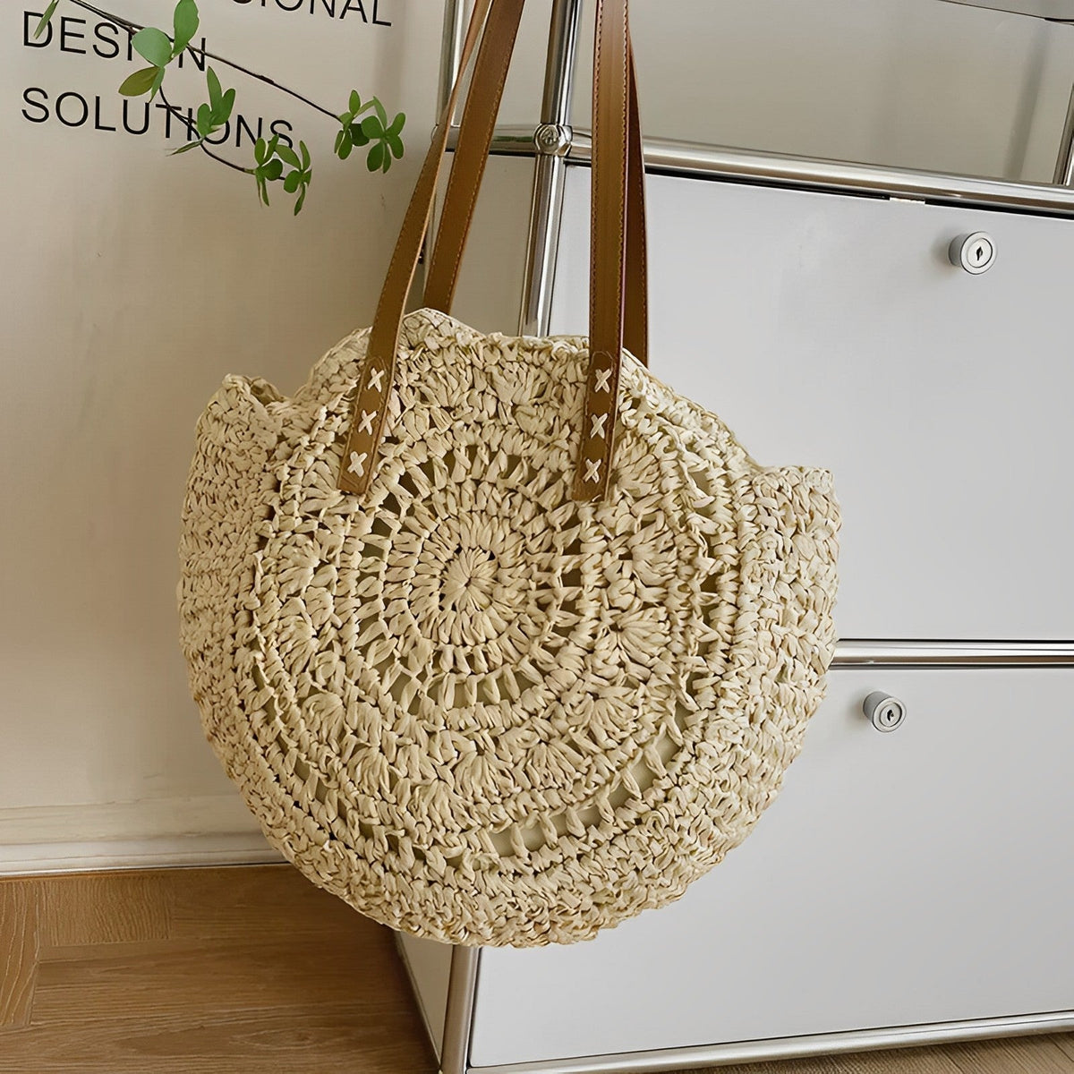 Tote Bag Straw with Faux Leather Finishes and Zip Closure
