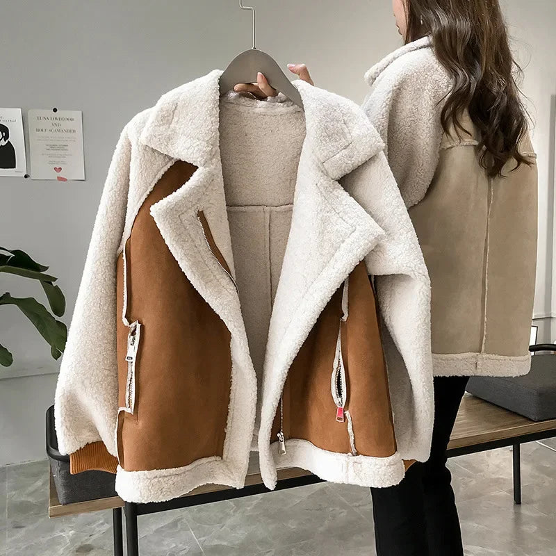 Jacket Faux Suede with Faux Shearling Lining, Minimalist Silhouette