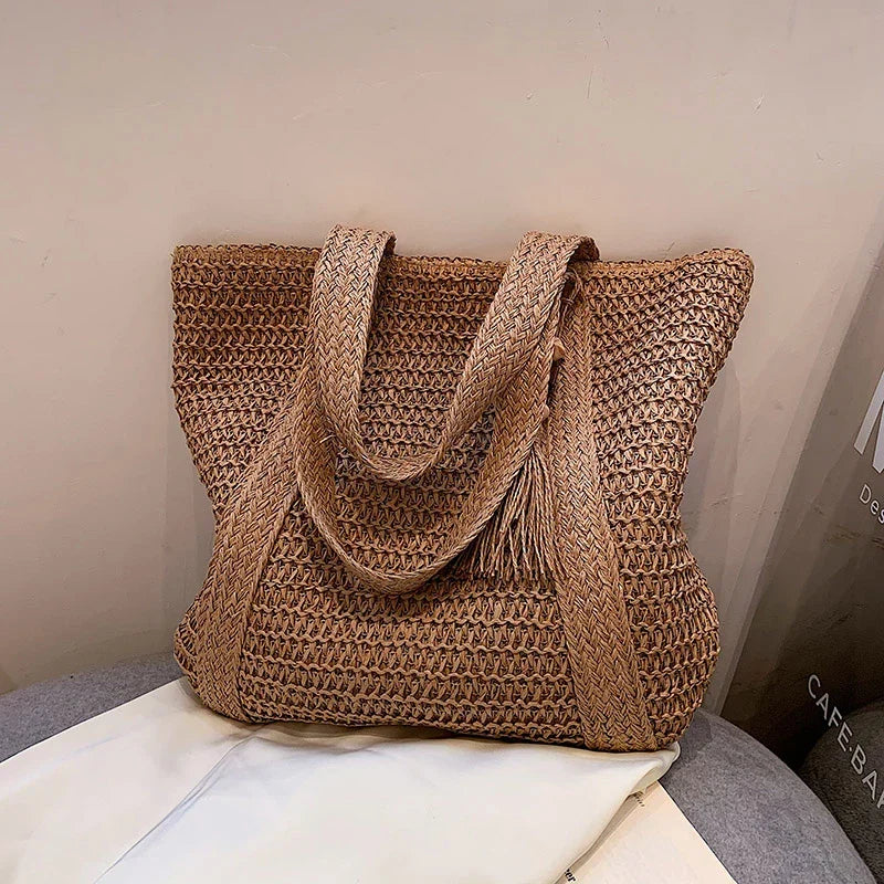 Tote Bag Straw with Zip Closure and Two Large Handles