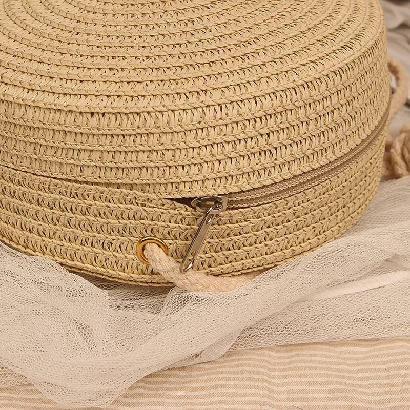 Round Straw Bag with Rope Shoulder Strap