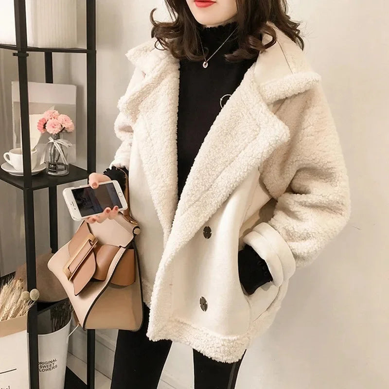 Jacket Faux Suede with Faux Shearling Lining, Minimalist Silhouette