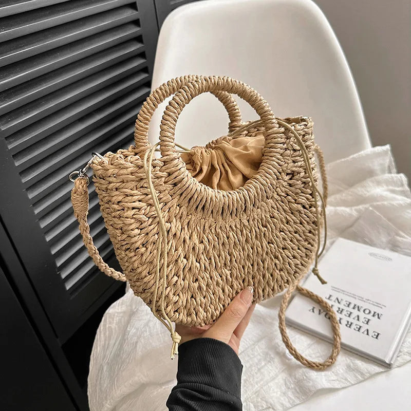 Straw Bag with Top Handles and Shoulder Strap